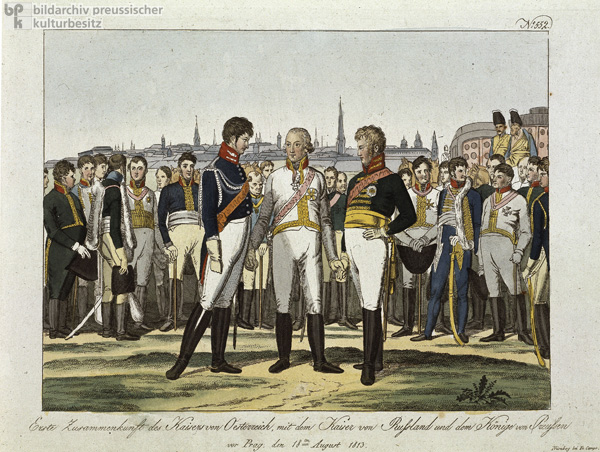 Erste Zusammenkunft von König Friedrich Wilhelm III. mit Franz I. von Österreich und Zar Alexander I. vor Prag am 18. März 1813 (19. Jahrhundert) 